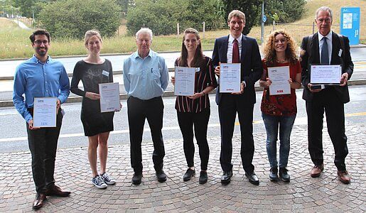 This year's award winners and a new honorary member (from left to right): Petar Jurcevic, Andrea Hofmann (SPS Awards), Maurice Bourquin (Honorary Member), Claire Donnelly, Wolfgang Tress, Lavinia Heisenberg (SPS Awards), Roland Horisberger (Charpak-Ritz Award). This year's award winners and a new honorary member (from left to right): Petar Jurcevic, Andrea Hofmann (SPS Awards), Maurice Bourquin (Honorary Member), Claire Donnelly, Wolfgang Tress, Lavinia Heisenberg (SPS Awards), Roland Horisberger (Charpak-Ritz Award).