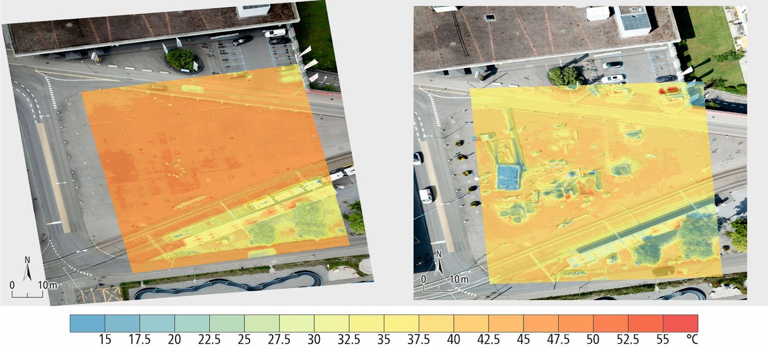 Température à la surface du sol, mesurée à l’Ansermetplatz le 22 juin 2021 à 15h20 (à gauche) et le 20 août 2021 à 14h30 (à droite). Température à la surface du sol, mesurée à l’Ansermetplatz le 22 juin 2021 à 15h20 (à gauche) et le 20 août 2021 à 14h30 (à droite).