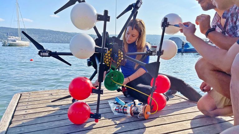 Constanca Rosa, scientist at Imperial College London, prepares the MEDUSA drone for take off. Constanca Rosa, scientist at Imperial College London, prepares the MEDUSA drone for take off.