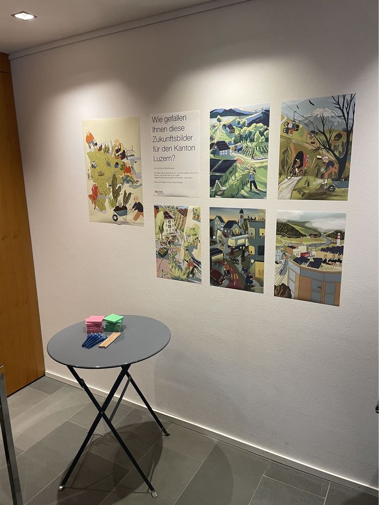 Die Zukunftsbilder werden für Feedback in der Bibliothek Sursee ausgehängt Die Zukunftsbilder werden für Feedback in der Bibliothek Sursee ausgehängt