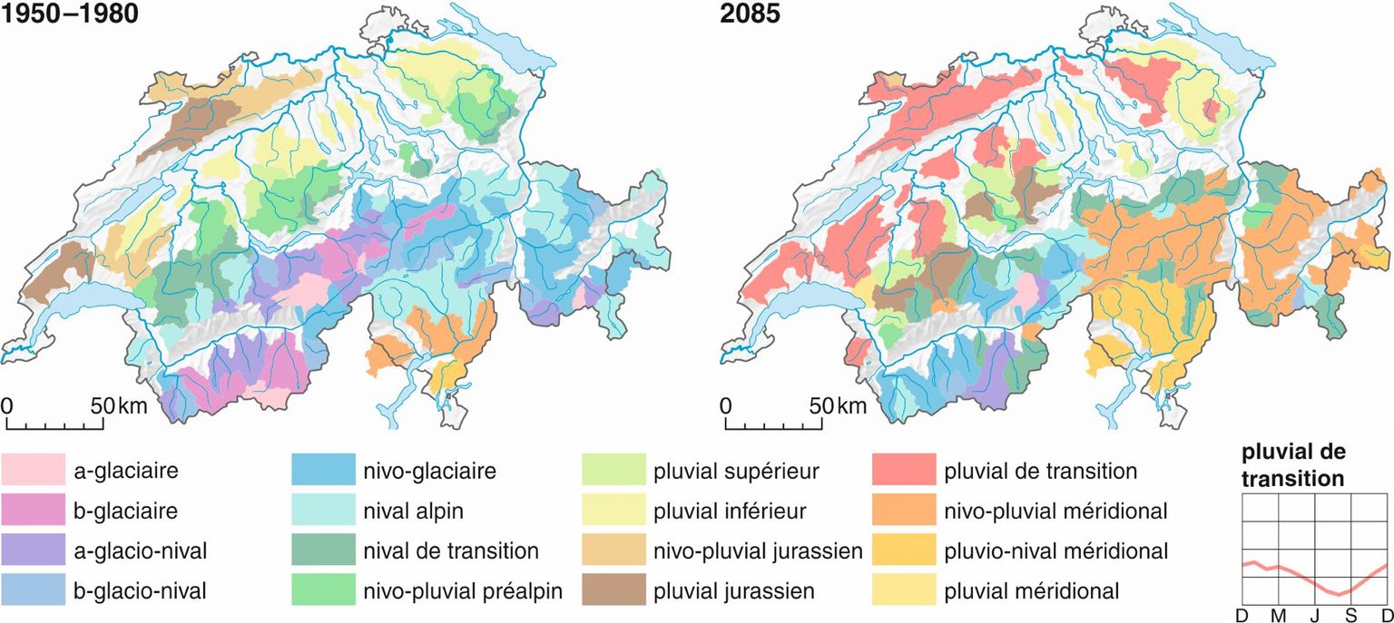 Cambiamento dei regimi di deflusso di 189 bacini di superficie media in Svizzera. A sinistra classificazione secondo l’ Atlante idrologico della Svizzera (HADES) per il periodo dal 1950 al1980 e a destra simulata per il futuro intorno al 2085. In basso a destra: il nuovo regime “pluviale di transizione“: si può osservare uno spiccato minimo nel mese di agosto. Vi invitiamo a riferirvi al testo e alla classificazione dei regimi della Svizzera (Fig. 2). UFAM 2012. Cambiamento dei regimi di deflusso di 189 bacini di superficie media in Svizzera. A sinistra classificazione secondo l’ Atlante idrologico della Svizzera (HADES) per il periodo dal 1950 al1980 e a destra simulata per il futuro intorno al 2085. In basso a destra: il nuovo regime “pluviale di transizione“: si può osservare uno spiccato minimo nel mese di agosto. Vi invitiamo a riferirvi al testo e alla classificazione dei regimi della Svizzera (Fig. 2). UFAM 2012.