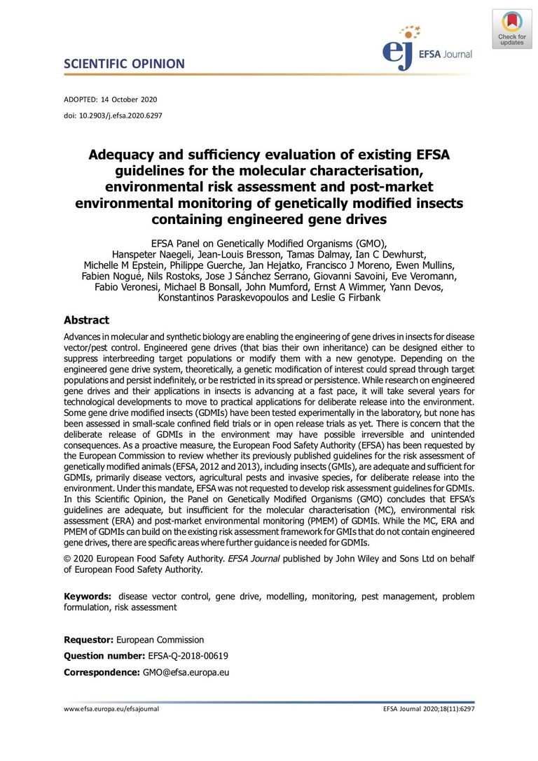 EFSA advises on risk assessment of engineered gene drives EFSA advises on risk assessment of engineered gene drives