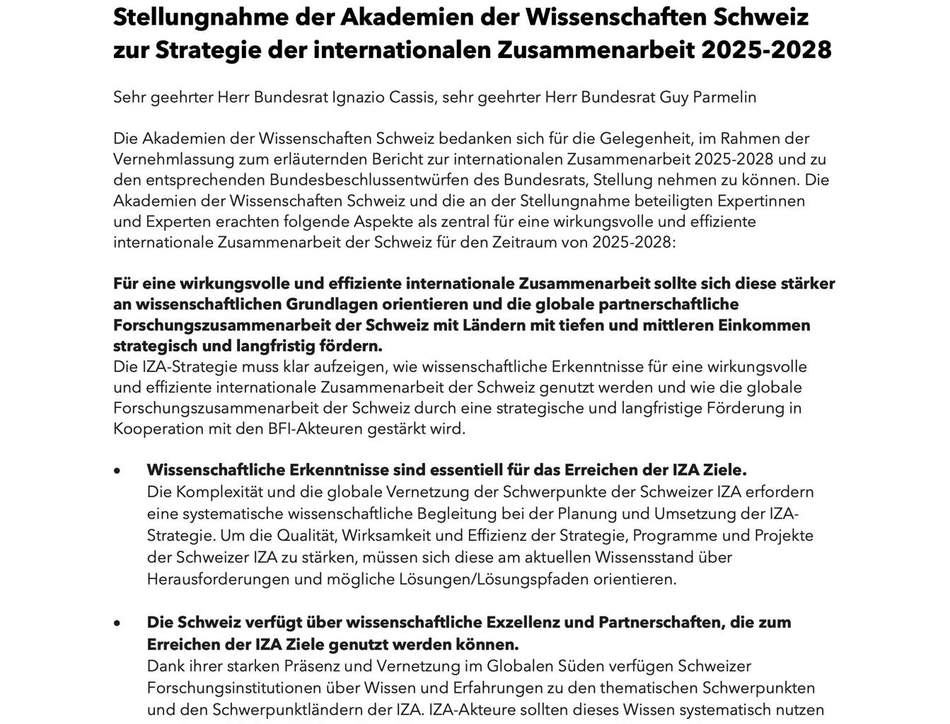 Stellungnahme Akademien Schweiz zur IZA Strategie 2025-2028 Stellungnahme Akademien Schweiz zur IZA Strategie 2025-2028