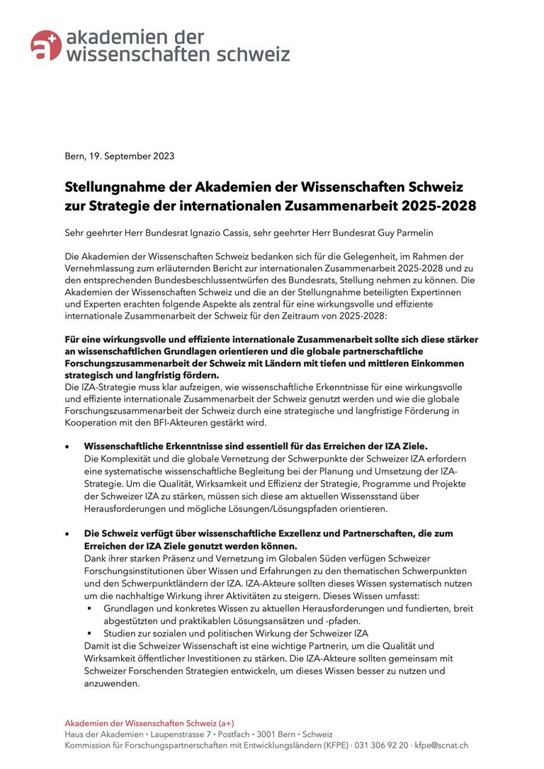 Stellungnahme Akademien Schweiz zur IZA Strategie 2025-2028 Stellungnahme Akademien Schweiz zur IZA Strategie 2025-2028