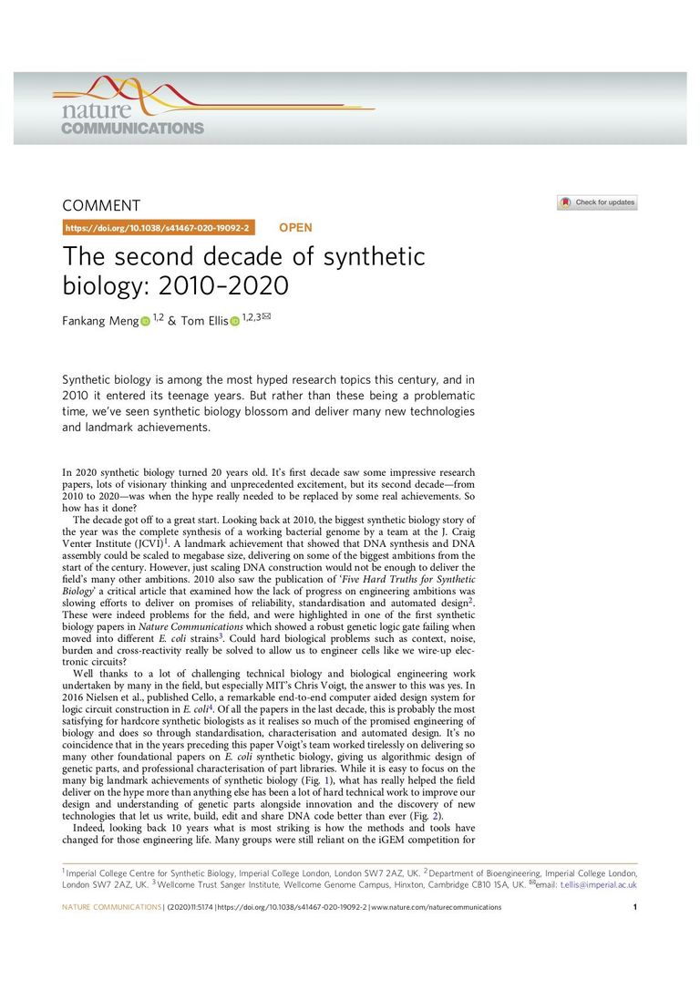 The second decade of synthetic biology: 2010–2020 The second decade of synthetic biology: 2010–2020