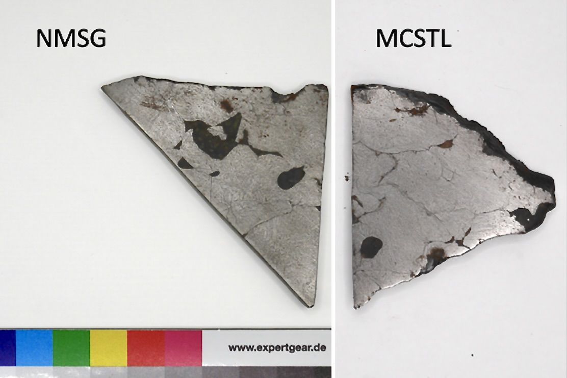 Die Stücke des Eisenmeteoriten Kodaikanal des Naturmuseums St. Gallen (NMSG) und des Museo Cantonale di Storia Naturale di Lugano (MCSTL) passen perfekt zusammen und stellen ein Objekt dar. Das MCSTL tauschte das eine Stück wahrscheinlich gegen einen Fund aus dem Augusta County (USA) aus dem Jahr 1858 ein. Die Stücke des Eisenmeteoriten Kodaikanal des Naturmuseums St. Gallen (NMSG) und des Museo Cantonale di Storia Naturale di Lugano (MCSTL) passen perfekt zusammen und stellen ein Objekt dar. Das MCSTL tauschte das eine Stück wahrscheinlich gegen einen Fund aus dem Augusta County (USA) aus dem Jahr 1858 ein.