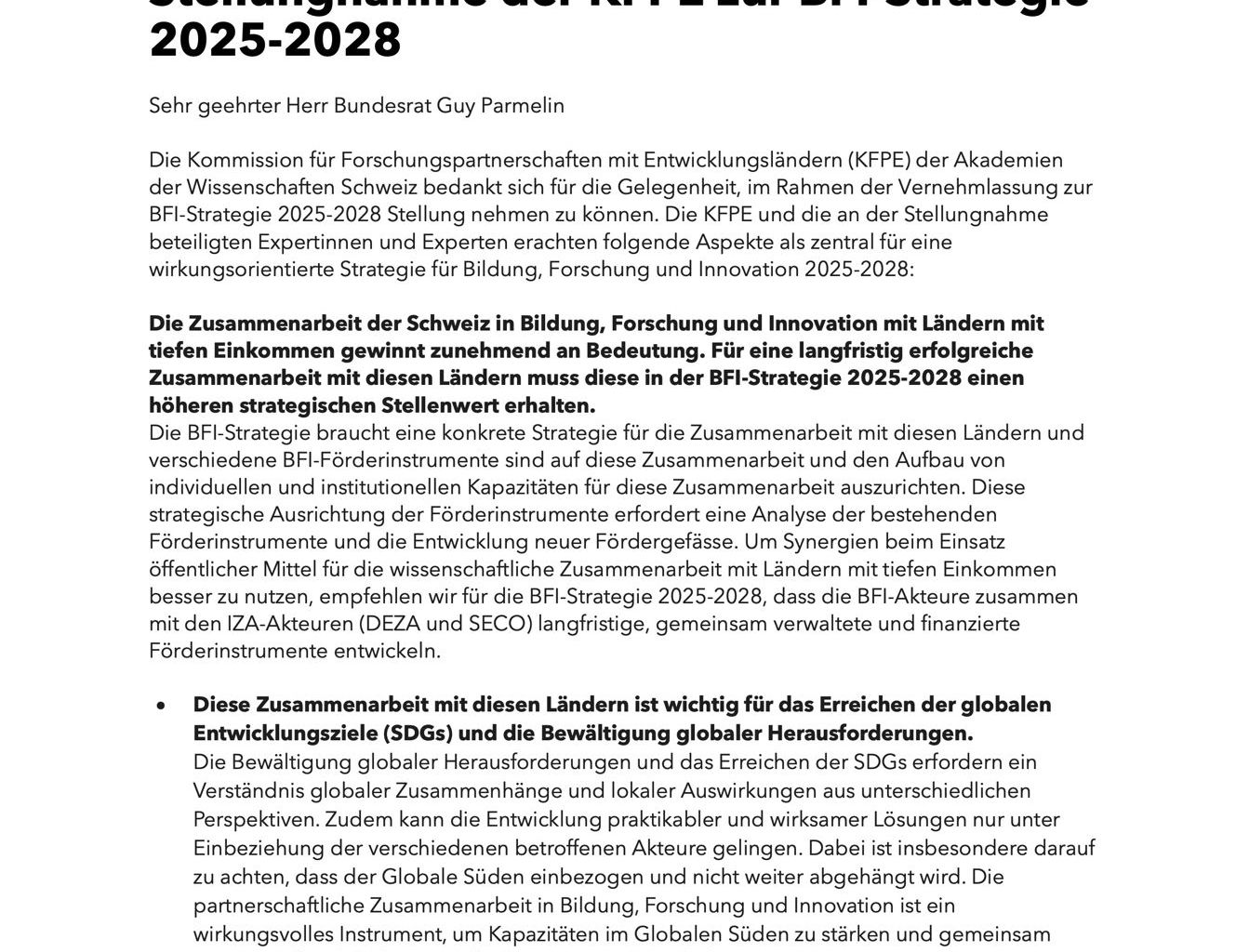 Stellungnahme KFPE zur BFI Strategie 2025-2028 Stellungnahme KFPE zur BFI Strategie 2025-2028