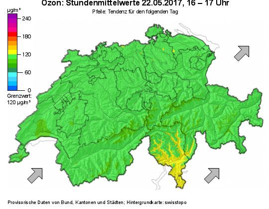 Überschreitung des Ozon-Grenzwertes im Tessin (22.05.2017). Überschreitung des Ozon-Grenzwertes im Tessin (22.05.2017).