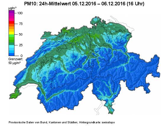 Die Karte zeigt die aktuelle Feinstaubbelastung in der Schweiz. Sie wird durch ein statistisches Interpolationsverfahren stündlich aus den von den Messstationen erhobenen Daten berechnet. Die Karte zeigt die aktuelle Feinstaubbelastung in der Schweiz. Sie wird durch ein statistisches Interpolationsverfahren stündlich aus den von den Messstationen erhobenen Daten berechnet.