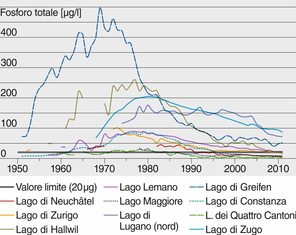 Evoluzione delle concentrazioni totali di fosforo nei maggiori laghi svizzeri. In presenza di valori inferiori ai 20 microgrammi di fosforo per litro le disposizioni di legge sono rispettate. Evoluzione delle concentrazioni totali di fosforo nei maggiori laghi svizzeri. In presenza di valori inferiori ai 20 microgrammi di fosforo per litro le disposizioni di legge sono rispettate.