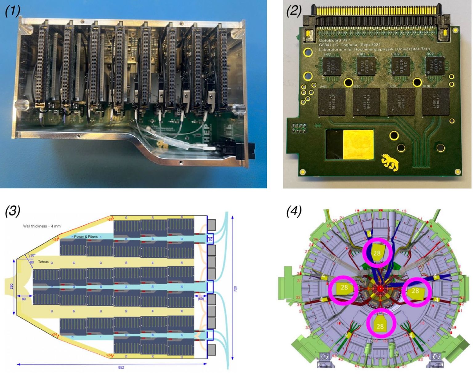 Optosystem with Optobox (1) containing 8 Optoboards (2). Each Optobox is placed on the Optopanel (3) inside the ATLAS detector (4). Optosystem with Optobox (1) containing 8 Optoboards (2). Each Optobox is placed on the Optopanel (3) inside the ATLAS detector (4).