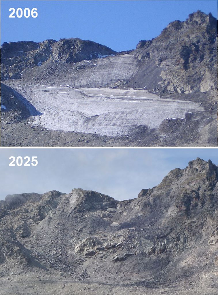 Disappearance of the Pizol Glacier (SG) between 2006 and 2025. Disappearance of the Pizol Glacier (SG) between 2006 and 2025.