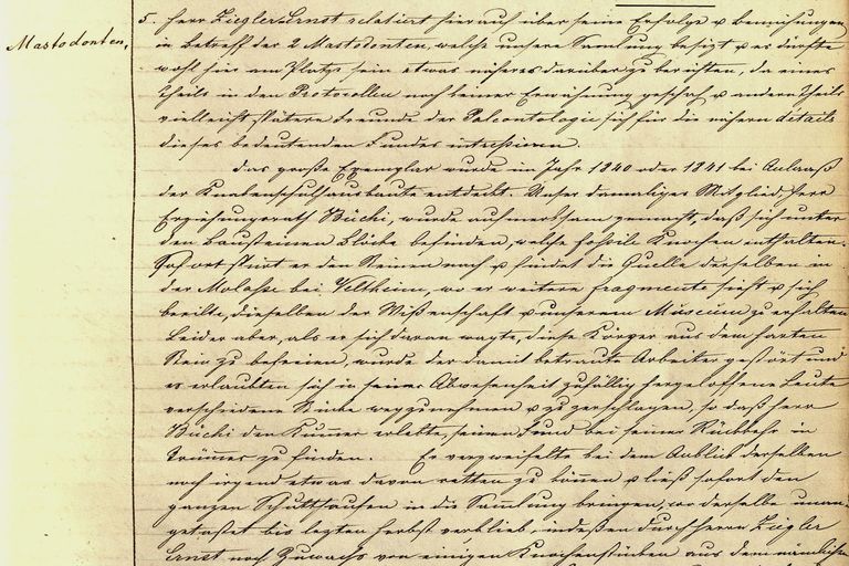 Ausschnitt über den Mastodon-Fund im Protokollbuch Ausschnitt über den Mastodon-Fund im Protokollbuch